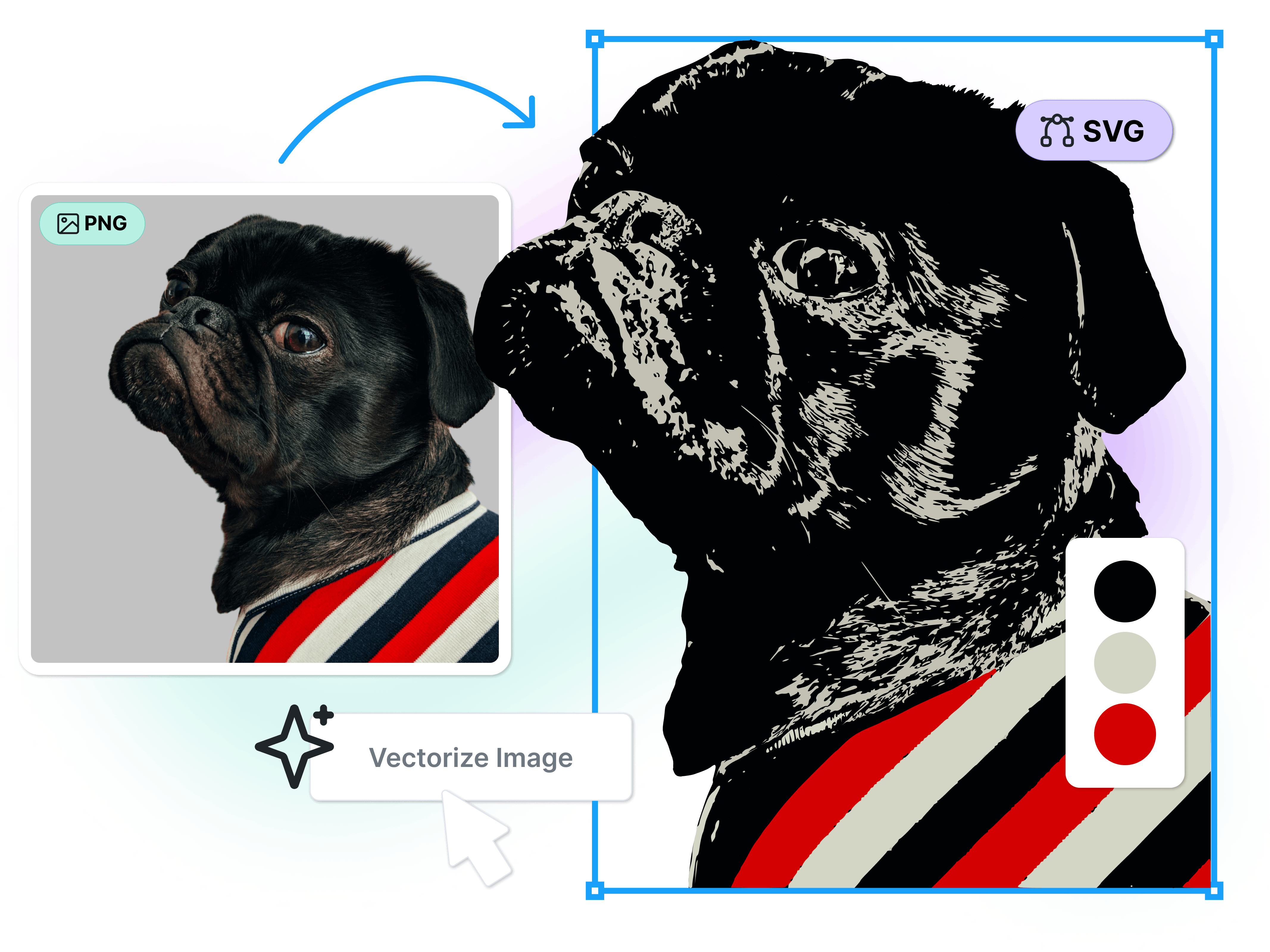 Preview of PNG to SVG (vector) conversion using a dog. Also featured is the the color mode which allows editing the colors of the SVG